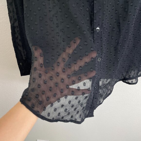 Express Womens Large Black Swiss Dot Sheer Blouse Long Sleeve Button Up Shirt - Picture 5 of 9